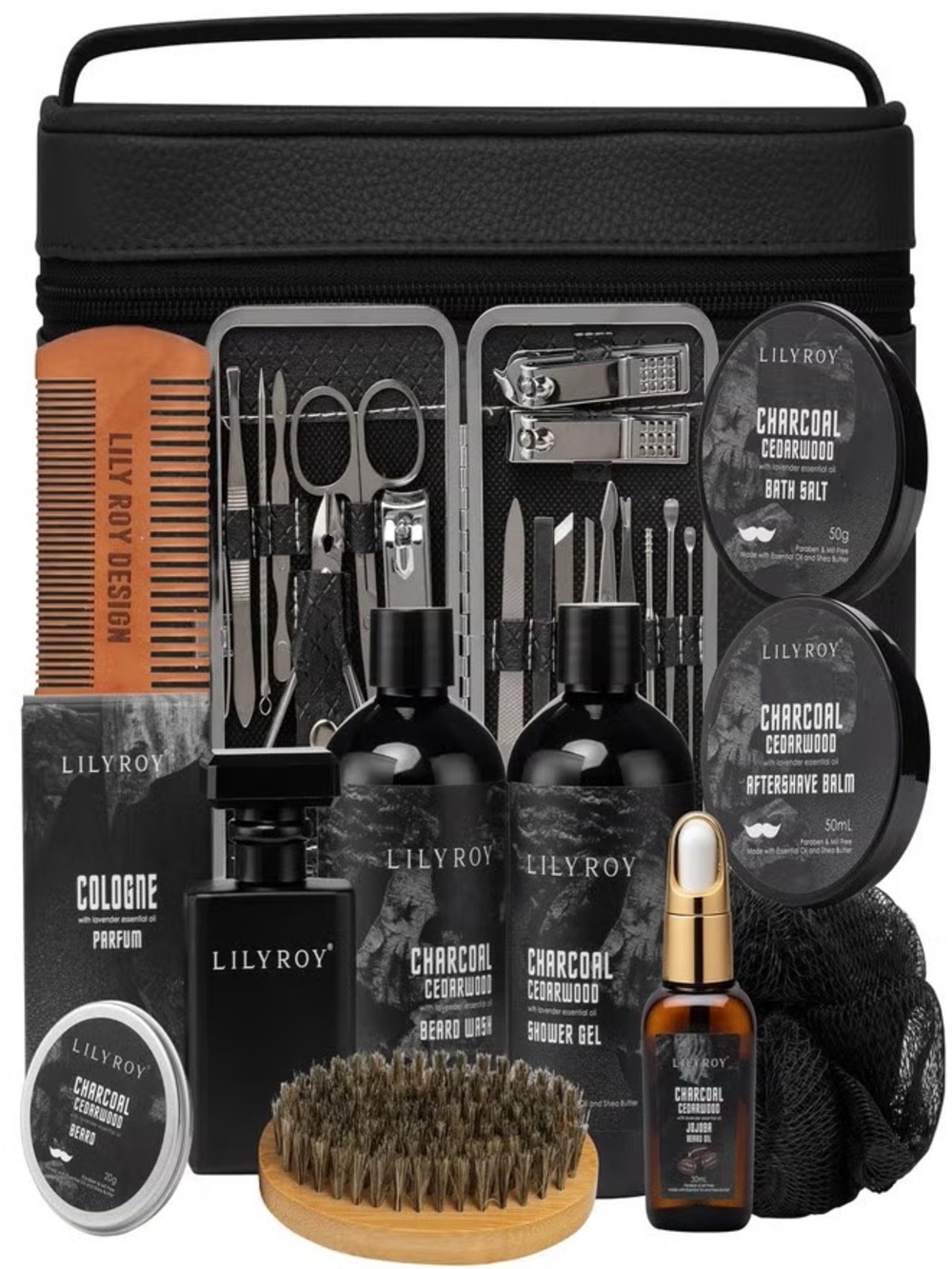 New Lily Roy Charcoal Cedarwood Men Grooming Gift Set. Unique for Father’s Day